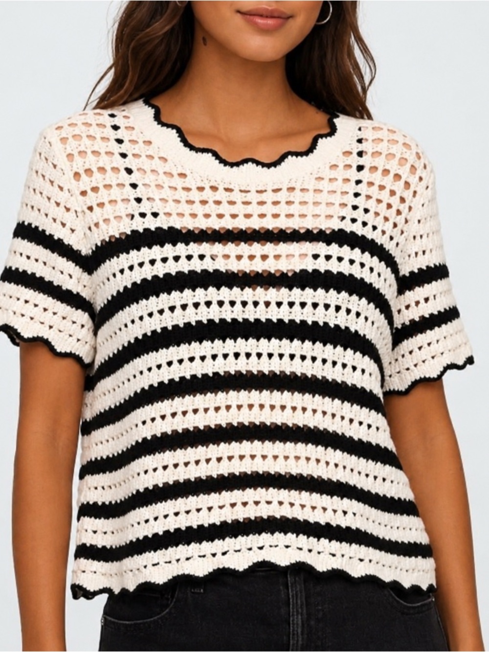 GAP Open Knit Crochet Striped Sweater Top Medium Ivory Black Scallop Trim Cotton